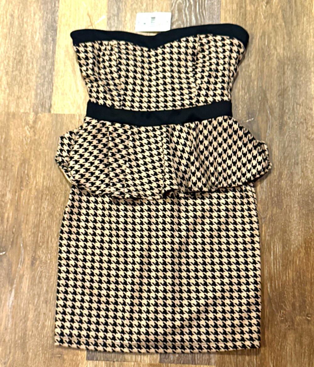 Sweet Soul Women’s Black White Houndstooth Strapless Peplum Short Dress M